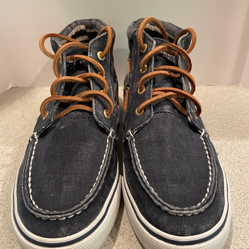 Sperry distressed blue denim high tops